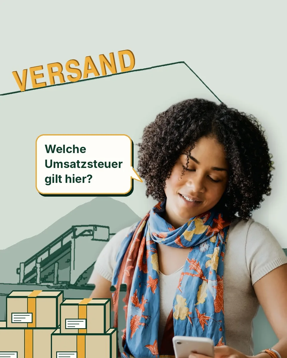 Onlinehändlerin vor ihrem Versandlager schaut lächelnd auf ihr Smartphone und fragt: Welche Umsatzsteuer gilt hier?
