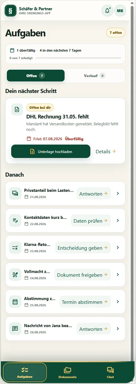Aufgaben in der Kanzlei-App